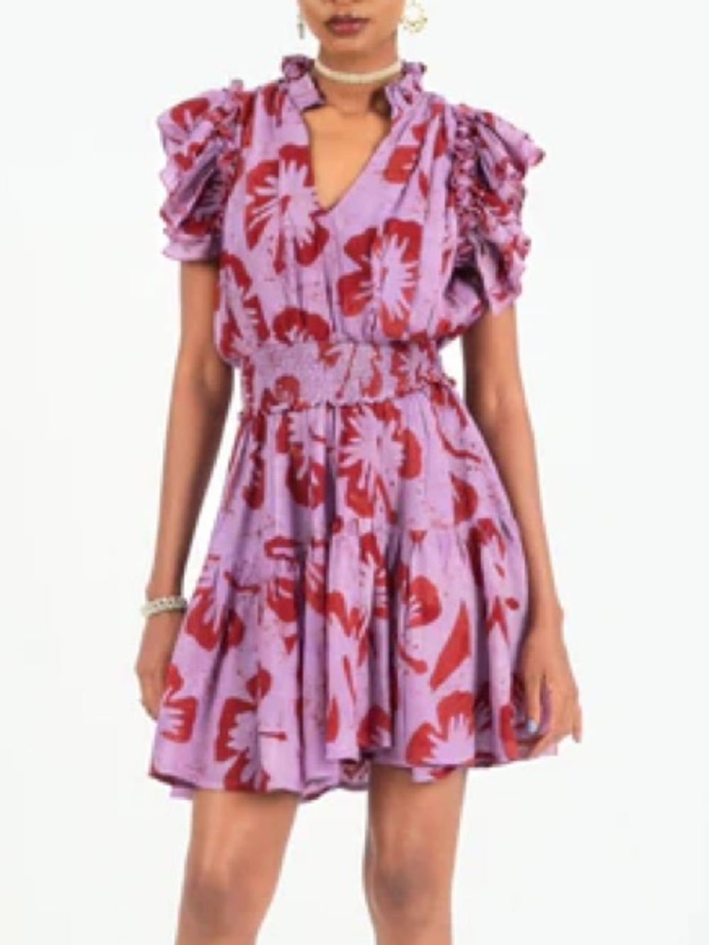 NWT Busayo Abebi Batik Floral Smocked Waist Flutter Sleeve Dress Sz L